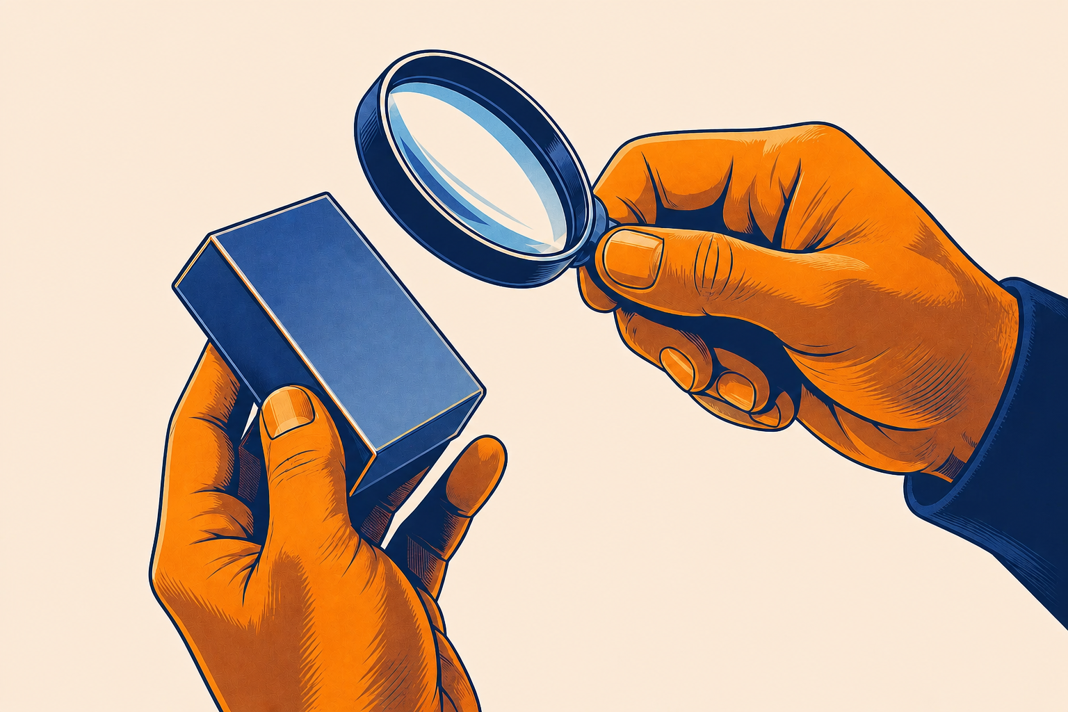 A person holding a small prescription medication box and carefully examining the label with a magnifying glass, close-up shot on hands and packaging, clean white background with soft clinical lighting, photorealistic style, no text or labels visible on any surface