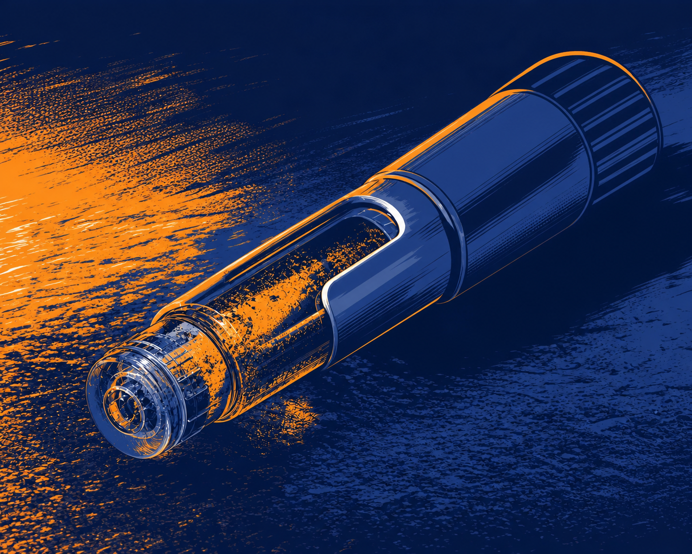 A close-up of a suspicious unlabeled medical injection pen or vial on a dark surface, with a warning atmosphere — dramatic side lighting casting shadows, conveying danger and uncertainty. The vial appears murky or questionable in quality, set against a moody dark background with subtle red tones suggesting risk and caution. Photorealistic style, no text or labels visible.