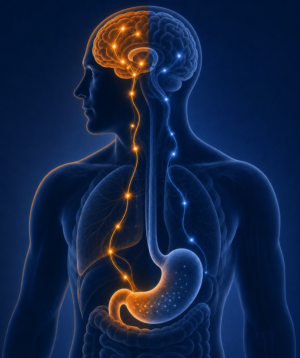 A scientific medical illustration showing the hormonal balance in the human body, with a stylized brain and stomach connected by glowing signal pathways, representing hunger and fullness hormones. One side shows elevated hunger signals (warm orange-red glow) and the other shows suppressed fullness signals (cool blue-grey, fading). Clean, modern medical diagram style with anatomical silhouette of a male torso, soft gradient background in deep navy and teal, no text or labels.