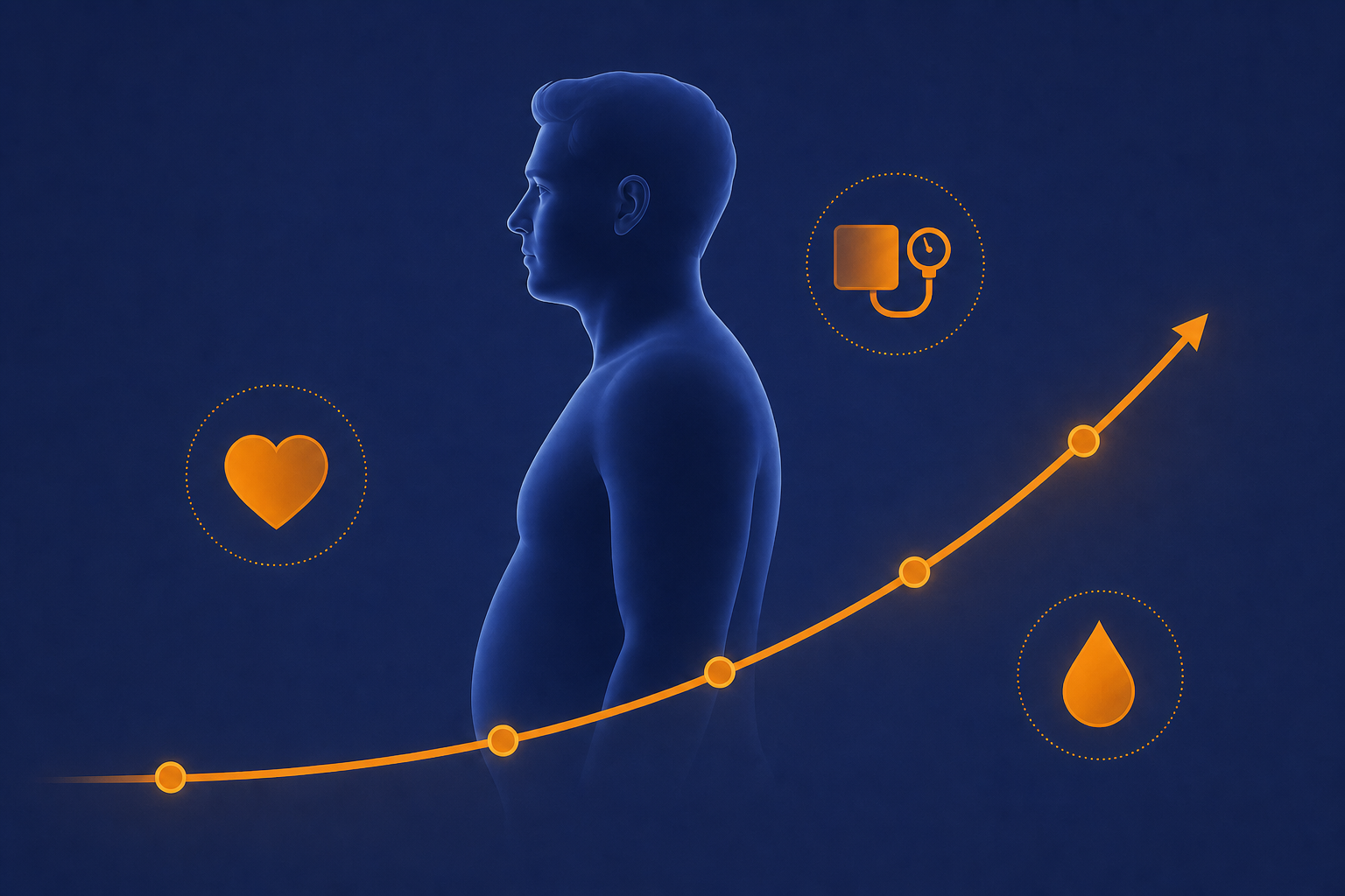 A clean, modern medical illustration showing a timeline concept of weight regain after stopping treatment. A stylized male silhouette in side profile with a subtle upward curving graph line overlaid on a soft deep navy and teal gradient background. The graph rises gently over time, representing gradual weight return. Small abstract icons representing a heart, blood pressure cuff, and glucose drop float nearby in muted tones. No text, no labels, no numbers, no words.