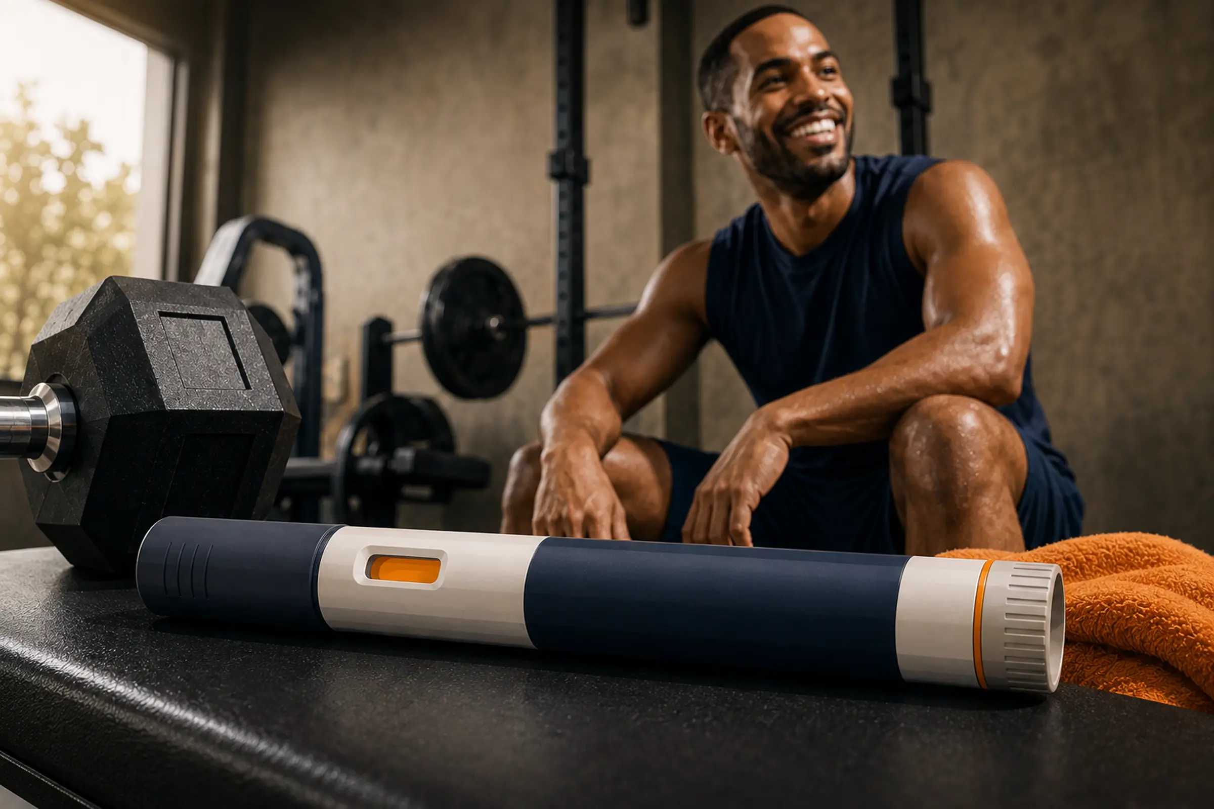 Smiling man resting after a workout beside gym equipment, with an unbranded medical pen in the foreground.