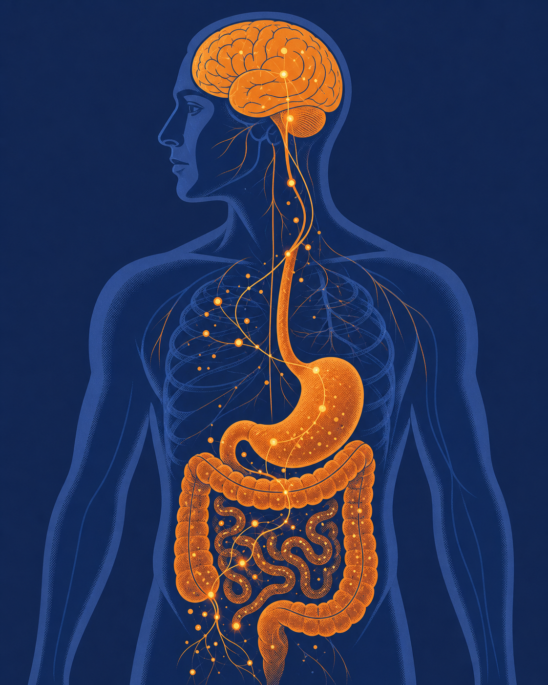A detailed medical illustration of the human digestive system and brain connection, showing the gut-brain axis with glowing signal pathways between the stomach and brain, depicting appetite regulation hormones traveling through the bloodstream, soft blue and teal color palette, clean scientific style, no text or labels