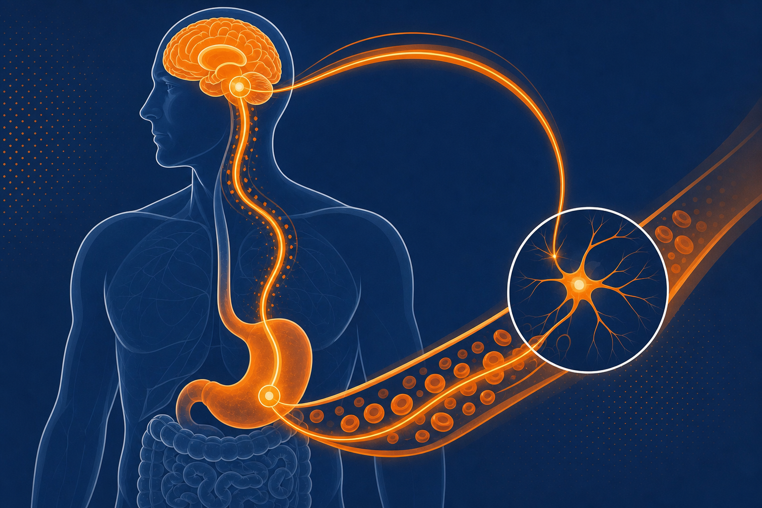 A scientific illustration showing the human body's hunger hormone cycle, depicting appetite signals traveling from the stomach through the bloodstream to the brain, with abstract glowing pathways representing hunger cues returning to normal levels, warm amber and orange color palette, clean medical illustration style, no text or labels