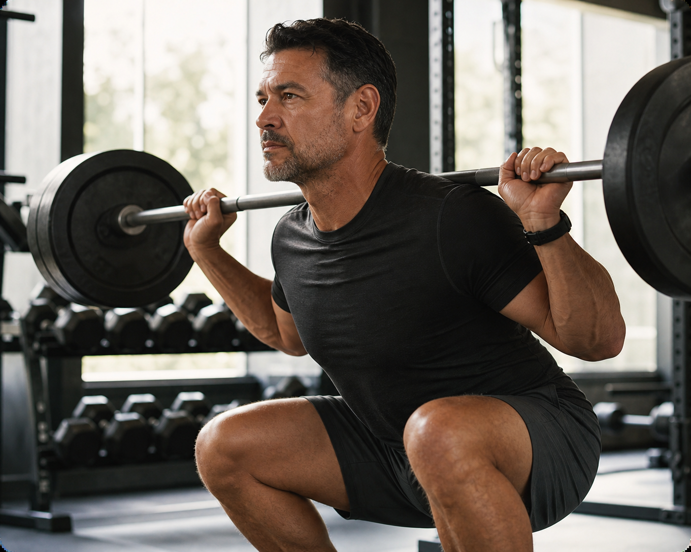 A middle-aged man performing a barbell squat in a well-lit gym, focused and determined expression, wearing athletic clothing, with dumbbells and weight racks visible in the background, natural lighting, photorealistic style