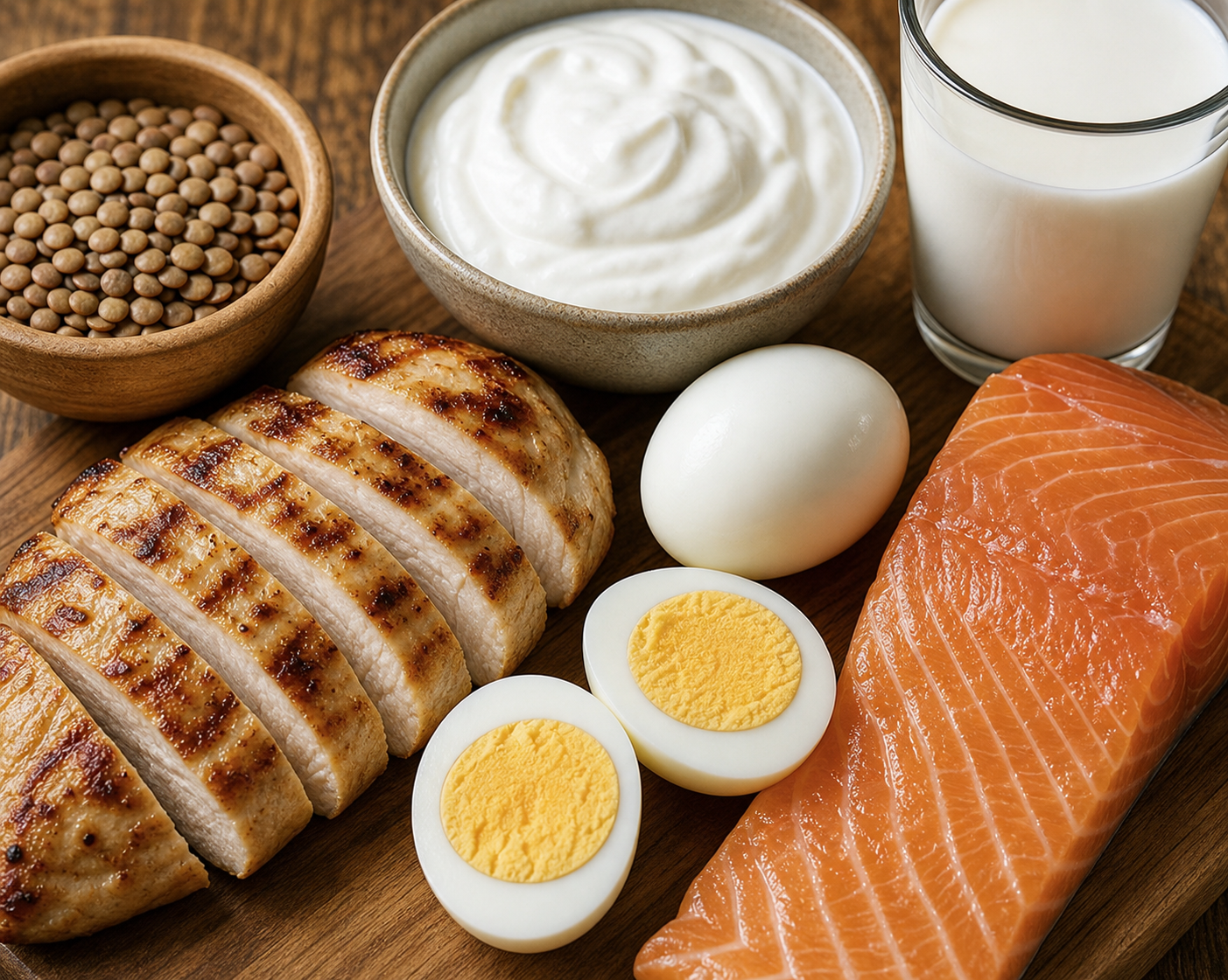 A close-up flat lay of high-protein foods arranged on a wooden surface — grilled chicken breast, hard-boiled eggs, a bowl of Greek yogurt, salmon fillet, lentils, and a glass of milk — natural daylight, clean and appetizing composition, photorealistic style, no text