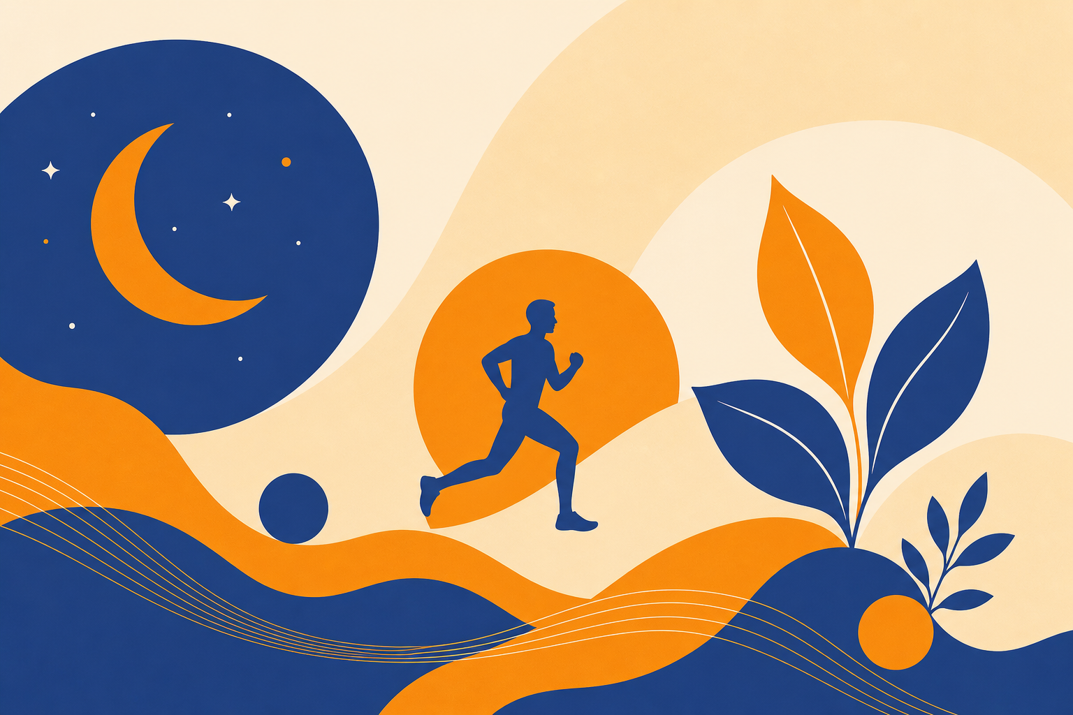 A calm, minimalist abstract illustration representing healthy lifestyle habits — soft gradient background with stylized icons of a moon for sleep, a running figure silhouette for fitness, and gentle leaf shapes for stress reduction, arranged in a balanced composition, clean modern wellness aesthetic, soft blues and greens, no text, no words, no letters