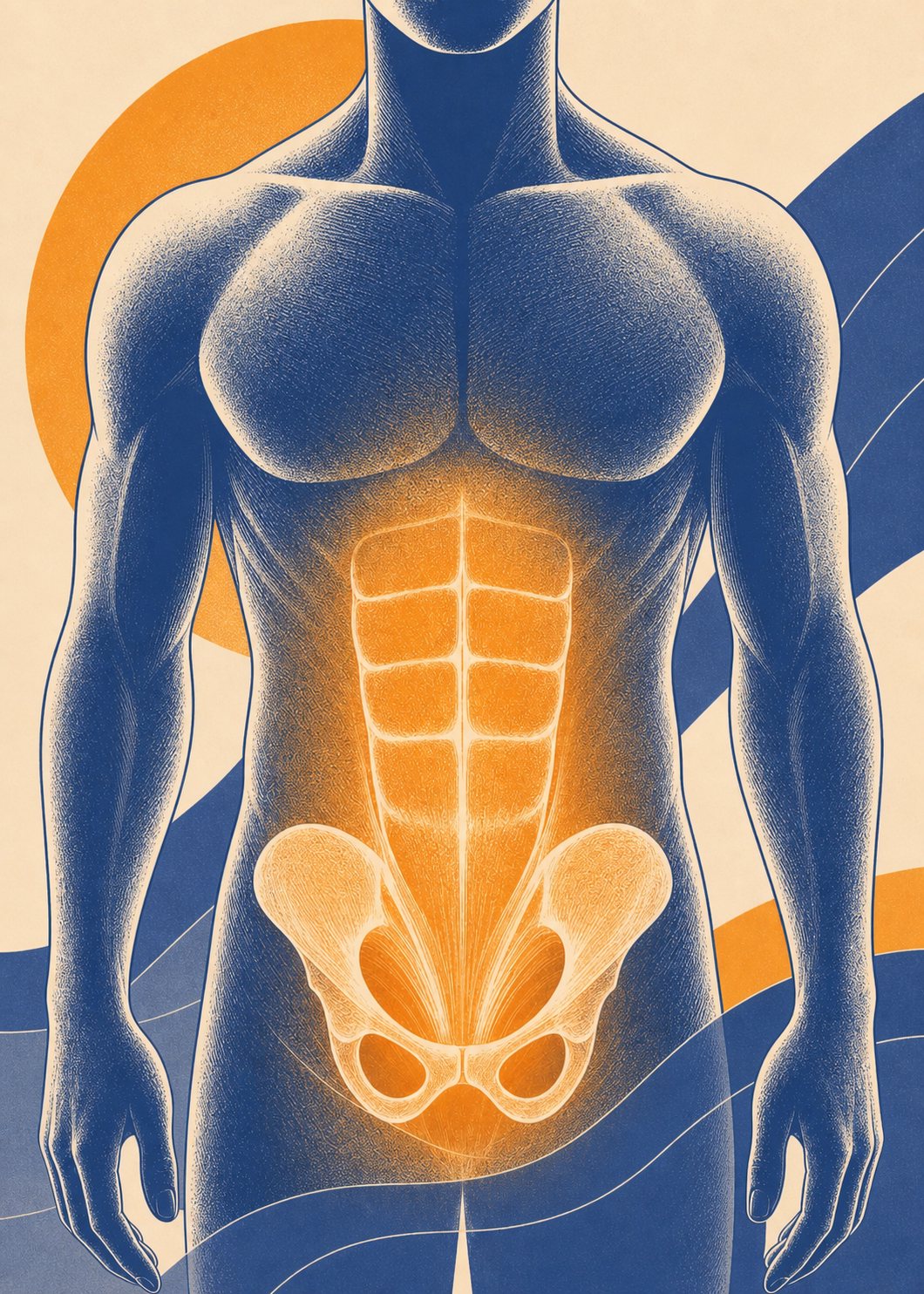 A calm, minimalist abstract illustration representing core and pelvic muscle strength training — soft gradient background, a stylized human torso silhouette with gentle glowing highlight around the lower abdomen and pelvic region, clean modern wellness aesthetic, no text, no words, no letters