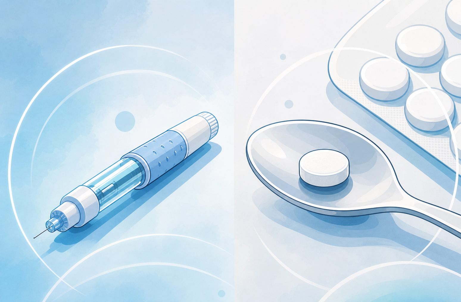 A clean, modern medical illustration comparing two treatment formats: on one side an injectable pen device, on the other side a small round tablet on a spoon or in a blister-style compartment, arranged side by side on a soft clinical background. Use a soft palette of blues, teals, and white, subtle glowing highlights, minimalist and abstract style, no text, no words, no letters, no numbers.