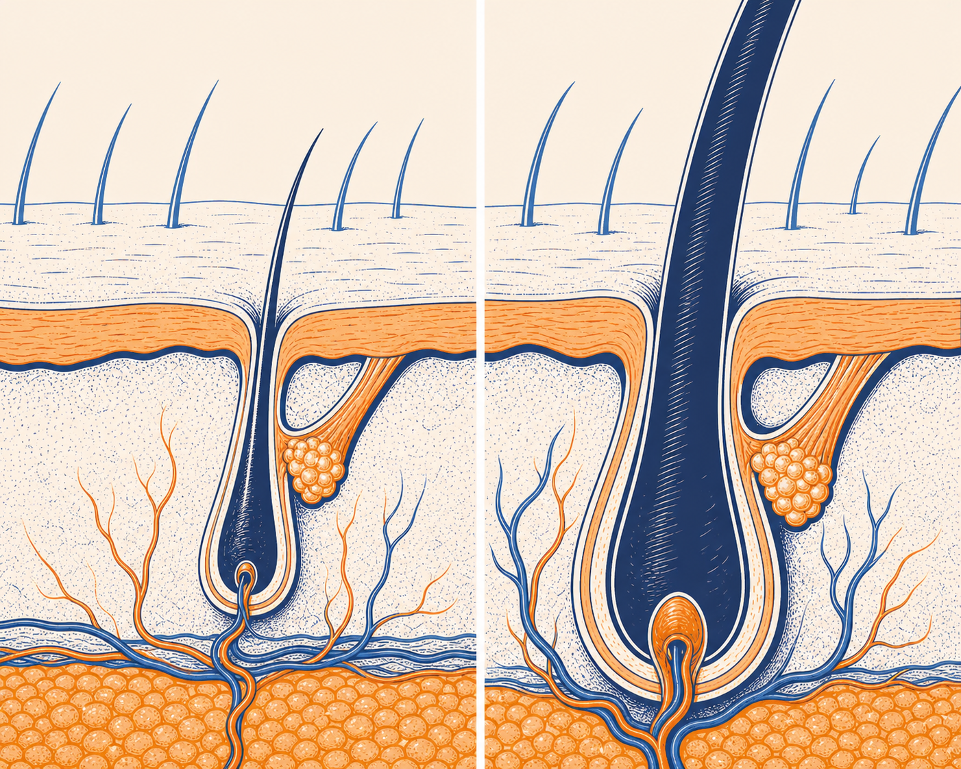 A close-up split illustration of two scalp cross-sections showing hair follicle growth cycle stages — one side depicting a dormant resting follicle with a thin hair shaft, the other showing an active growing follicle with a thicker, longer hair strand emerging, warm anatomical style, soft clinical lighting, no text or labels