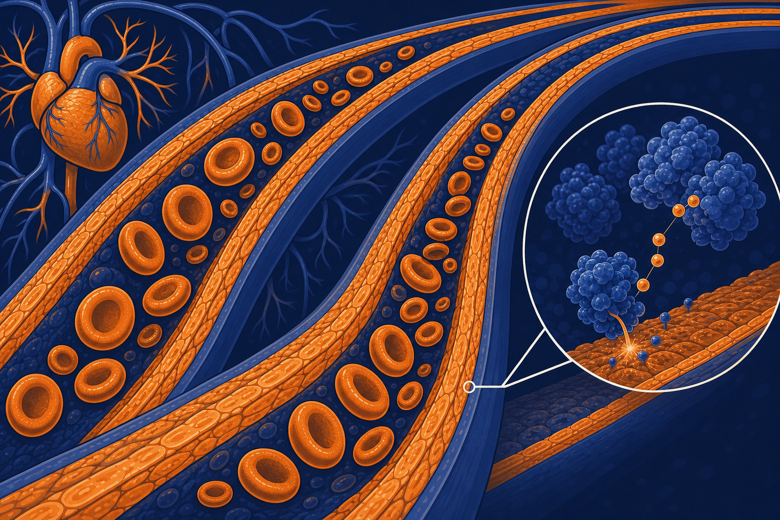 A detailed medical illustration of cross-sectioned blood vessels in the human body, showing smooth muscle walls relaxing and blood flowing freely through widened arteries, with a biochemical enzyme interaction visualized at the cellular level, rendered in a clean clinical style with deep reds, blues, and purples on a dark anatomical background, no text or labels