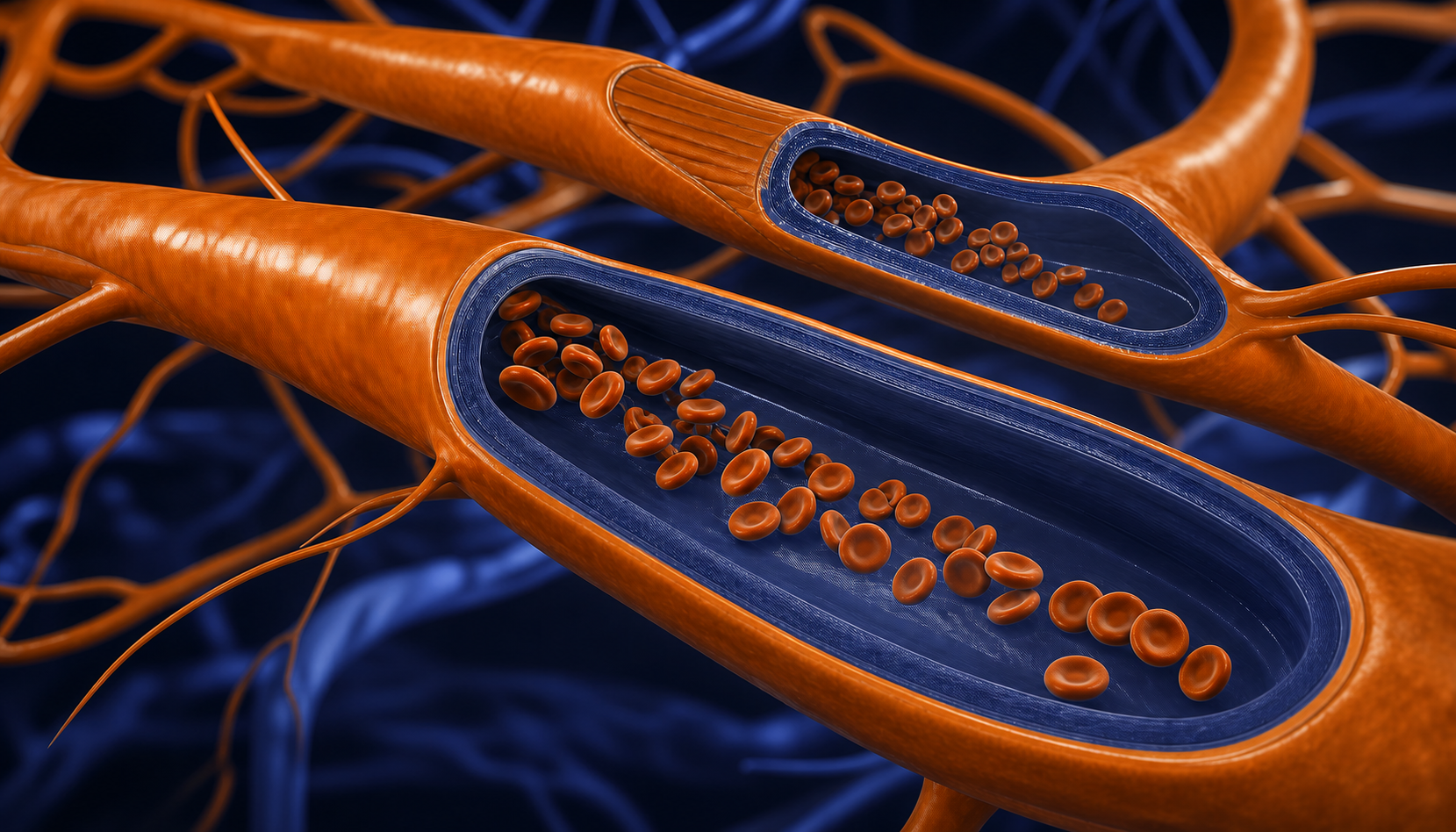 A close-up medical illustration of human blood vessels and arteries with smooth muscle walls relaxing and dilating, showing increased blood flow through the vessels, rendered in a clean clinical style with deep red and blue tones on a dark background, no text or labels