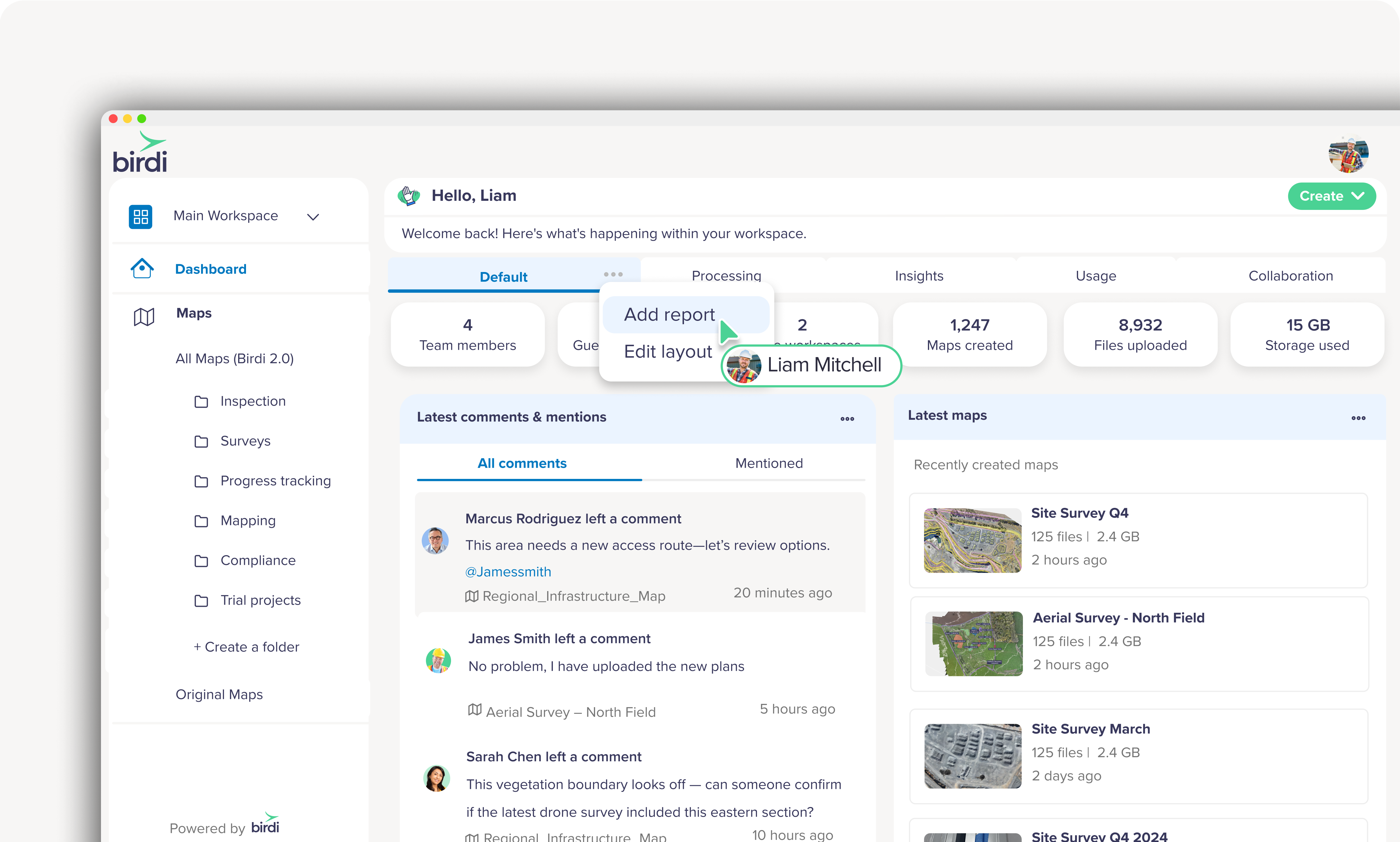 Birdi's customizable dashboard for geospatial insights and collaboration