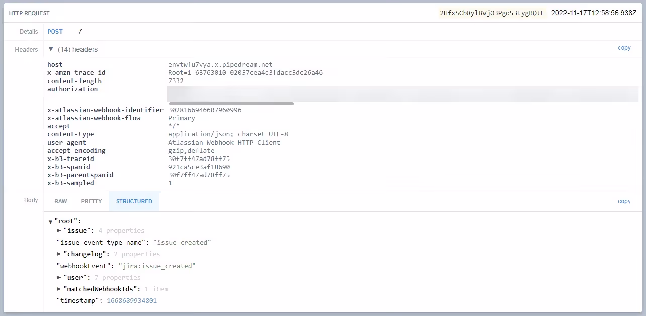 The web request sent by Jira