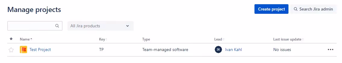 The project selection screen in the Projects settings