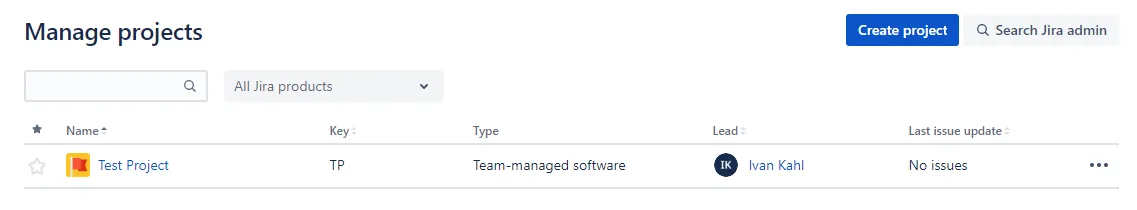 The project selection screen in the Projects settings