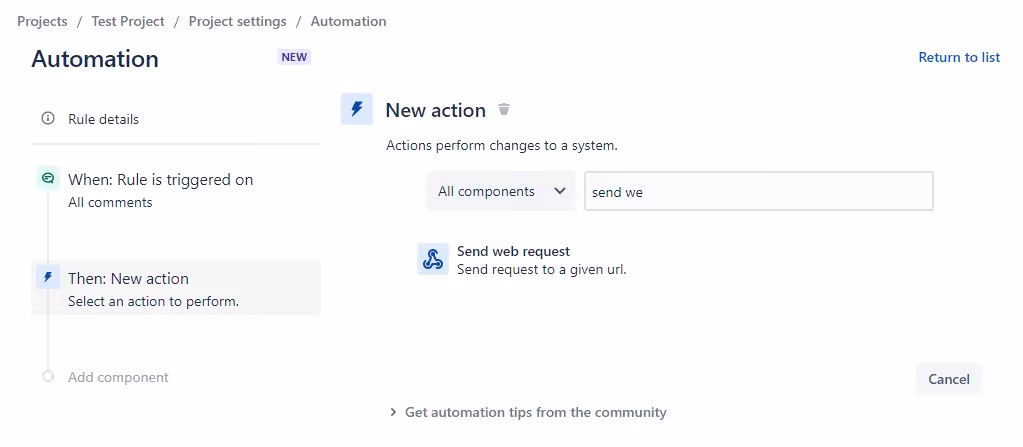 Search for the Send web request action and select it