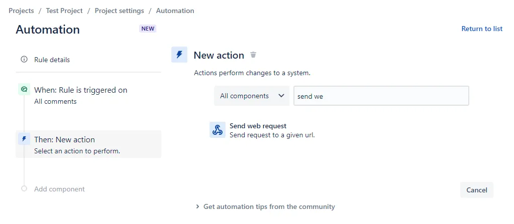 Search for the Send web request action and select it