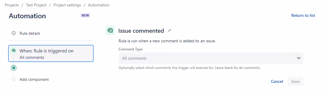 The automation will be triggered when someone comments on an issue