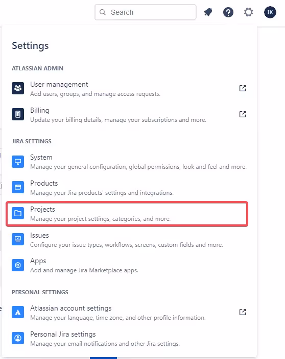 The Projects menu item in the Jira Settings section