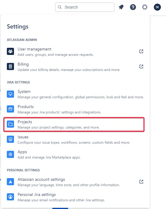 The Projects menu item in the Jira Settings section