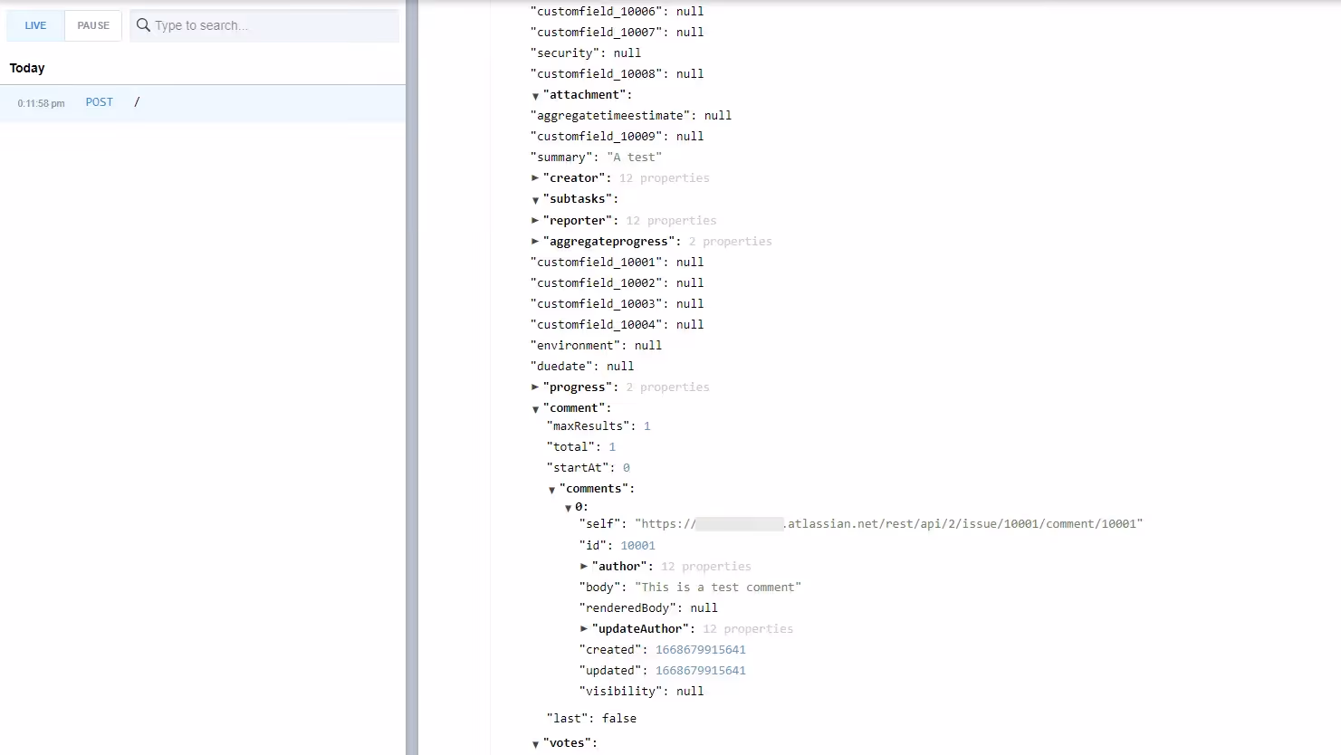 The request sent by Jira containing the new comment