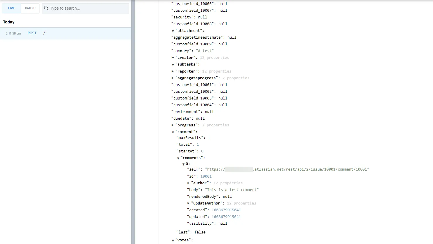The request sent by Jira containing the new comment