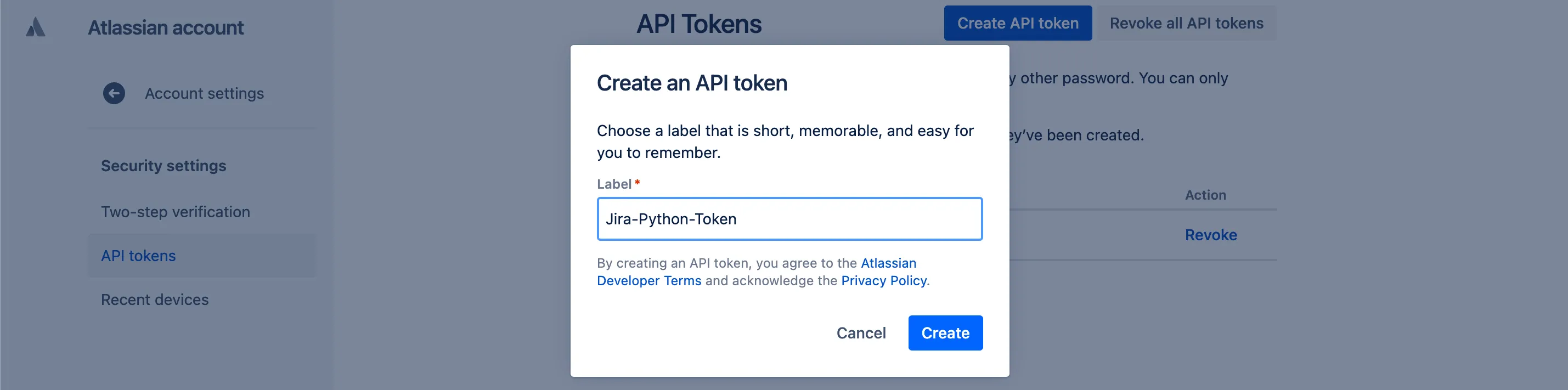 Create API token screen