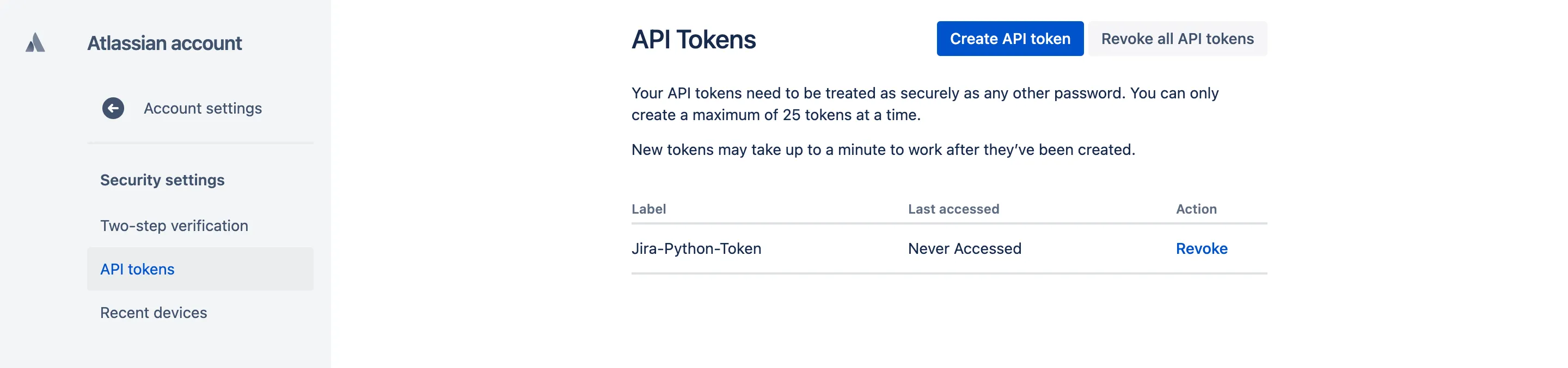 List API tokens screen