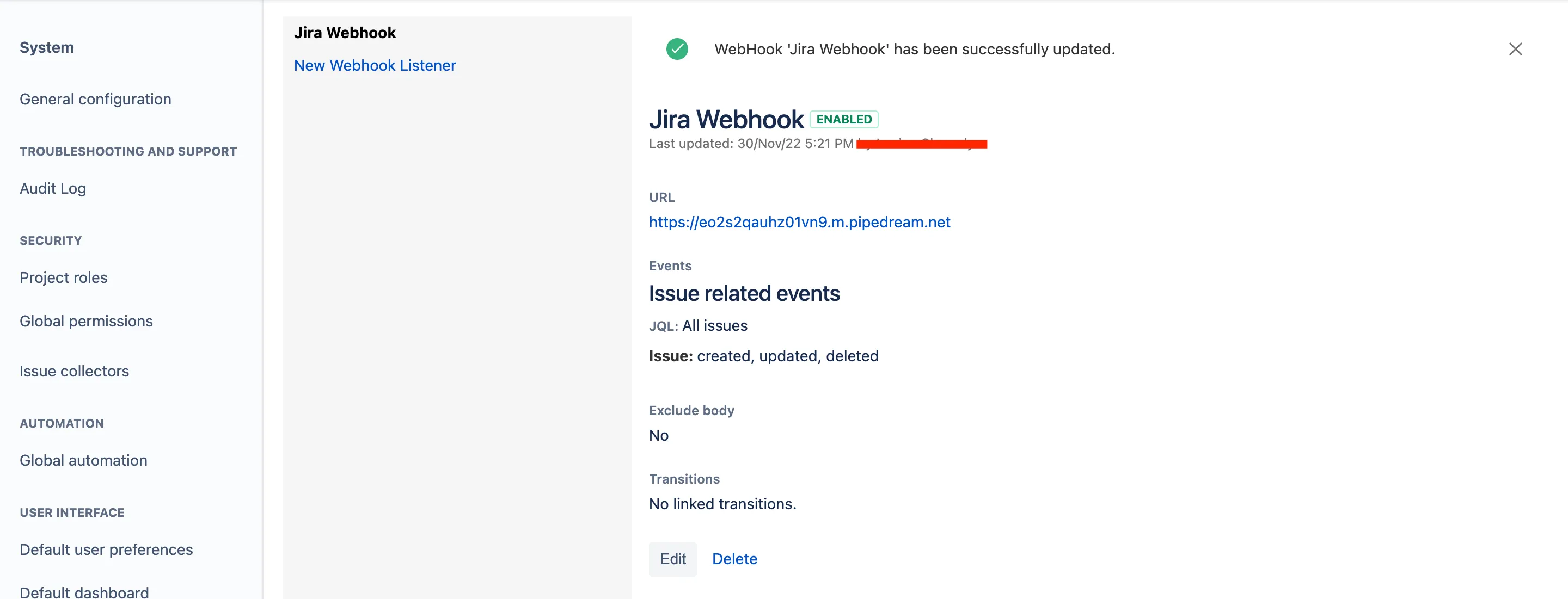 Jira webhook successfully created