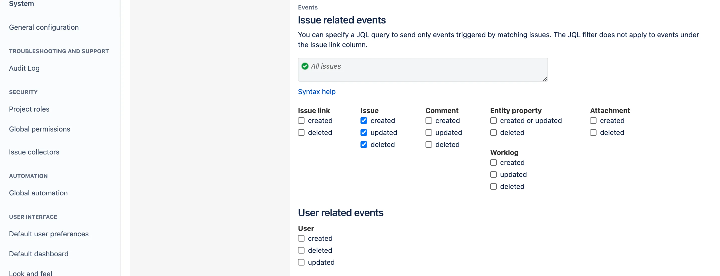 Jira webhook configuration