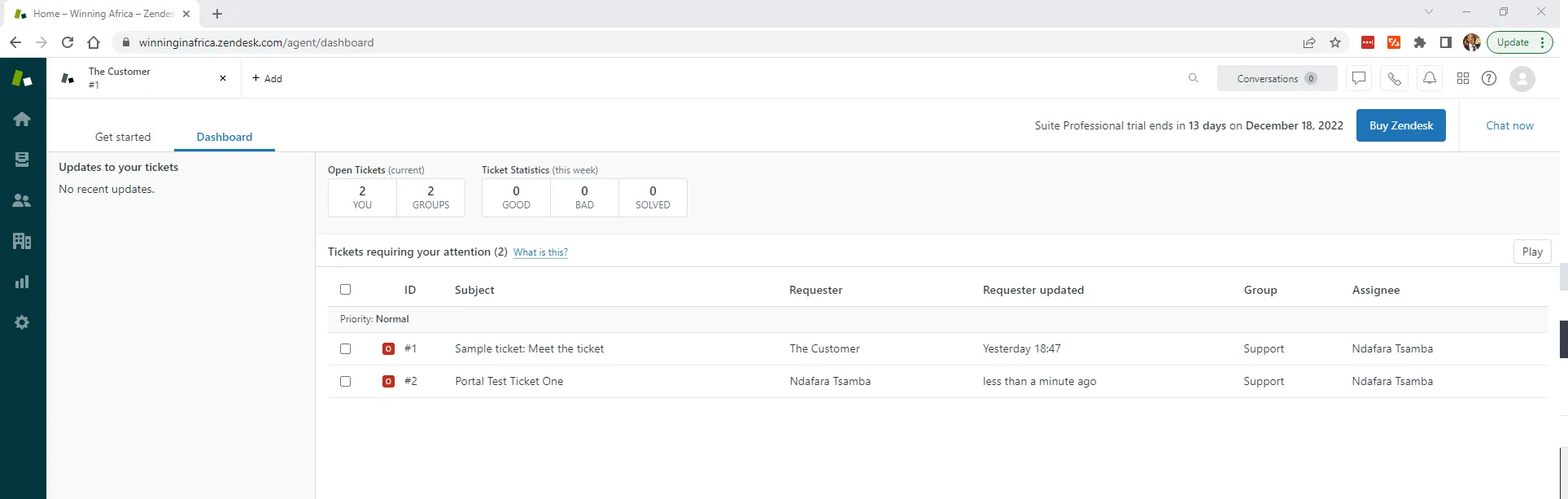 Portal test ticket in dashboard