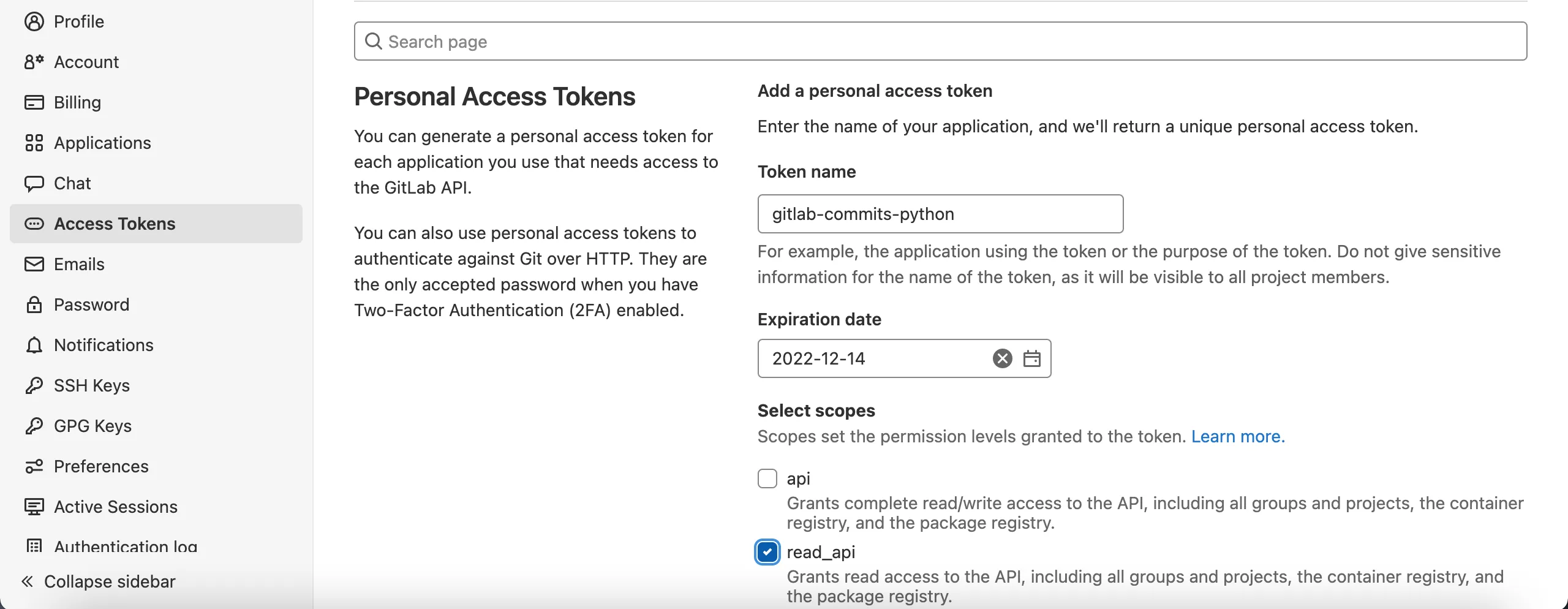 GitLab user settings page