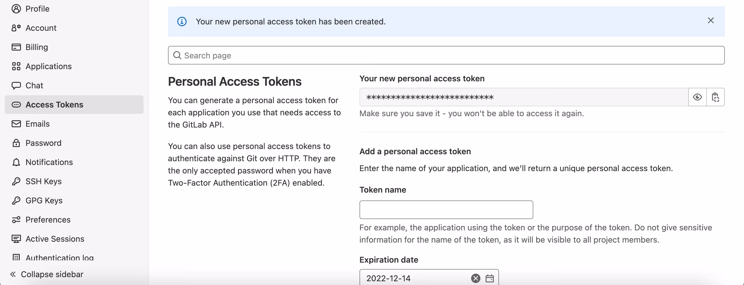 Generated GitLab access token