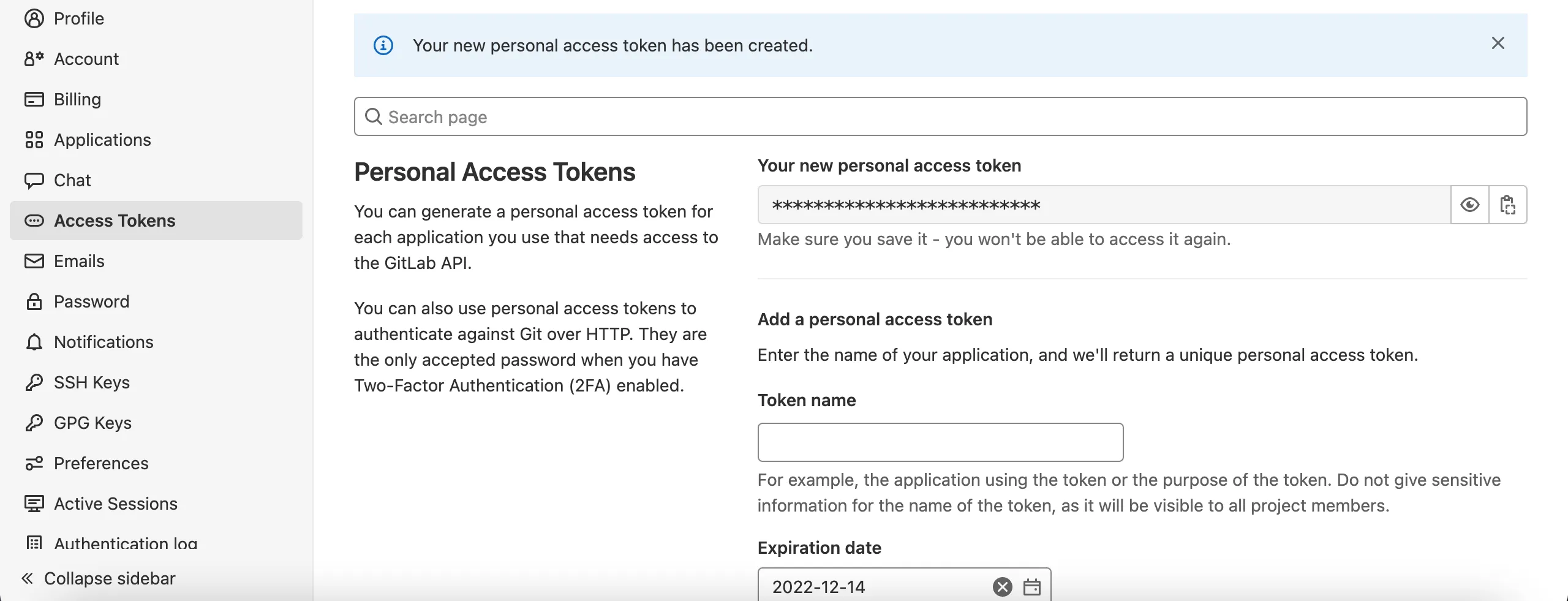 Generated GitLab access token