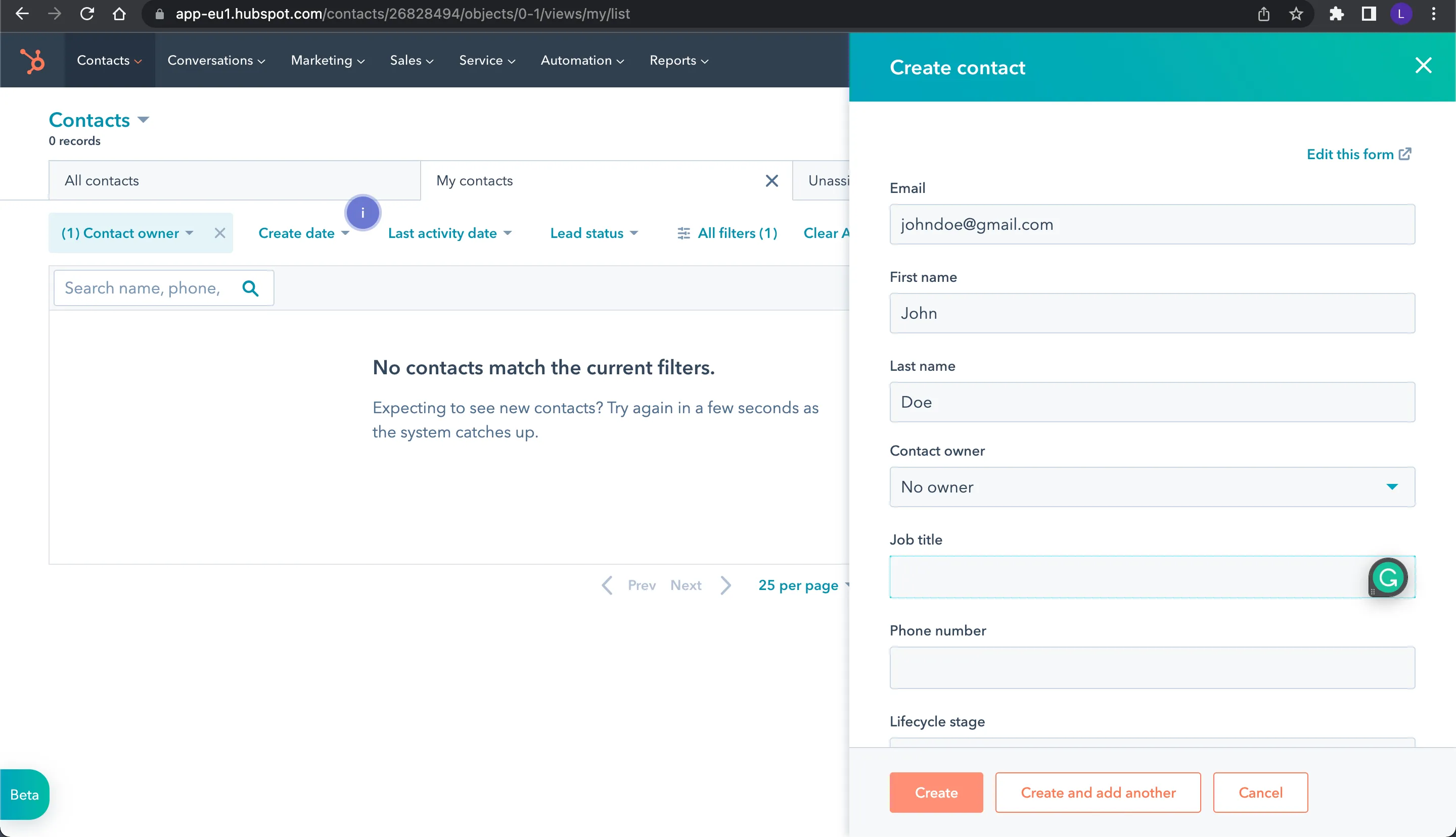 HubSpot creating a contact