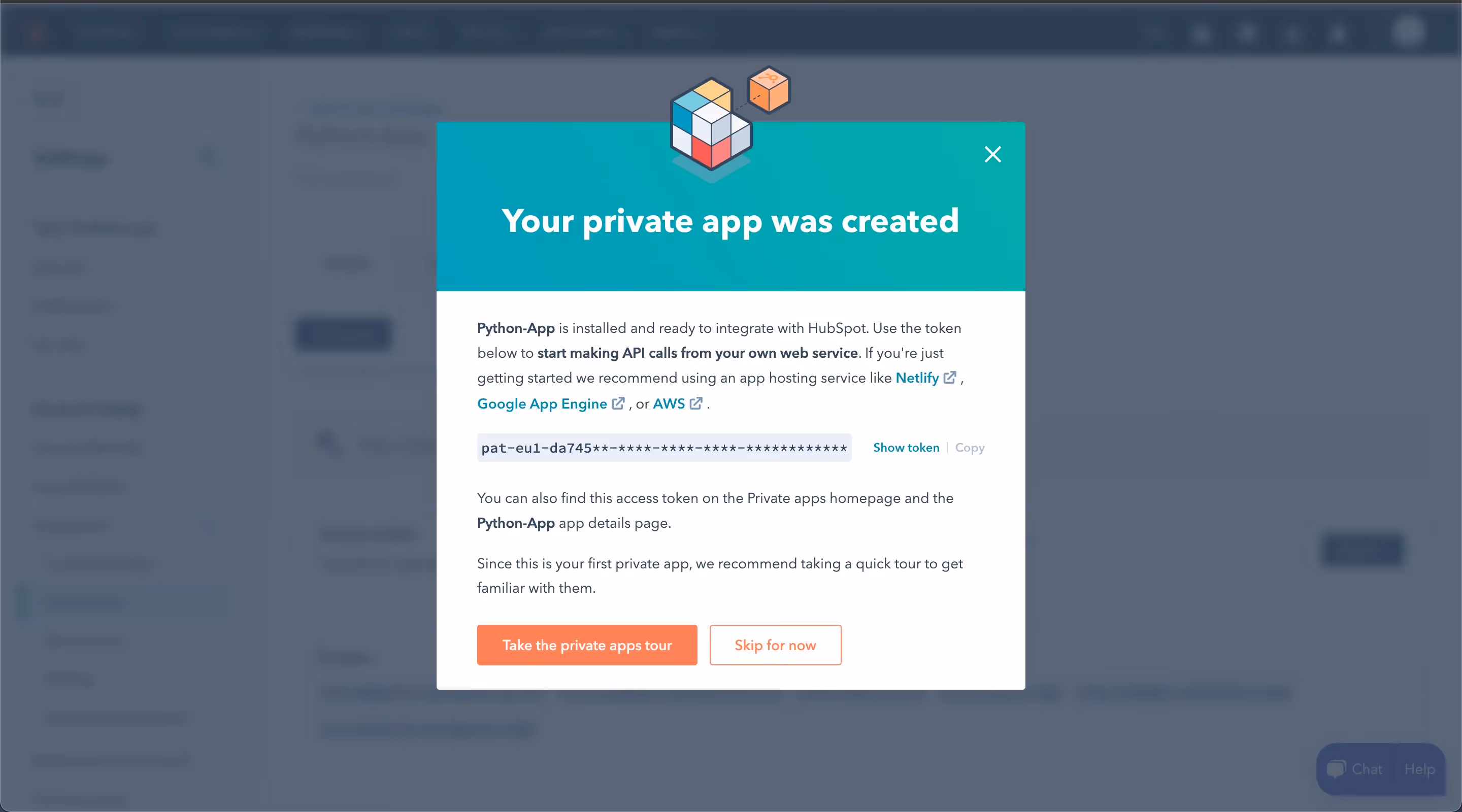 HubSpot application token