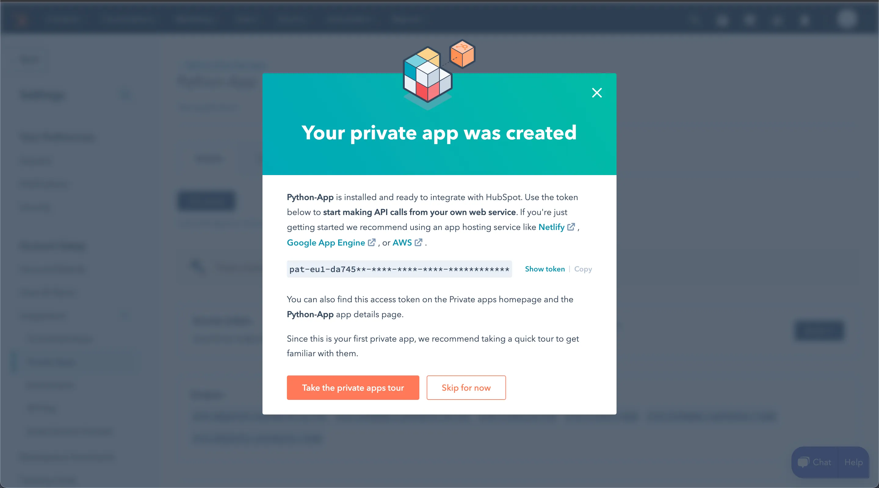 HubSpot application token