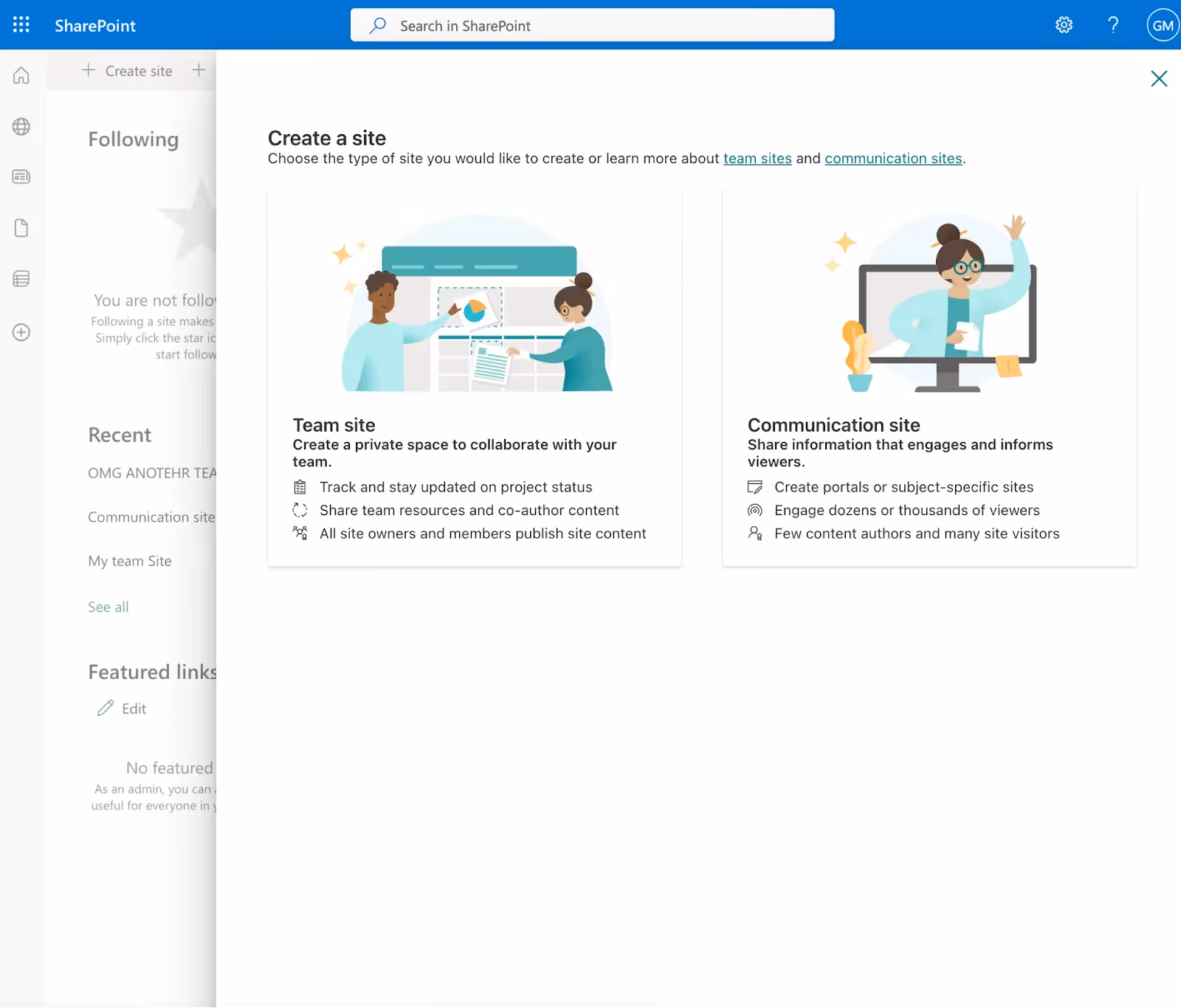 A screenshot of creating a site in Sharepoint