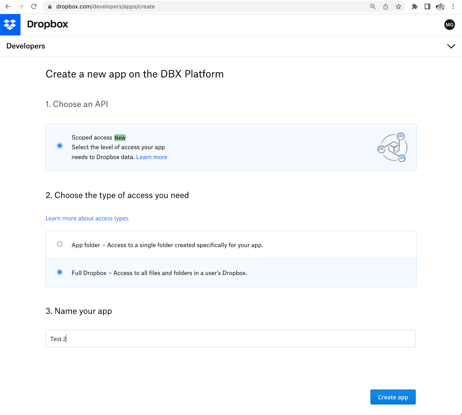 Creating an app in Dropbox