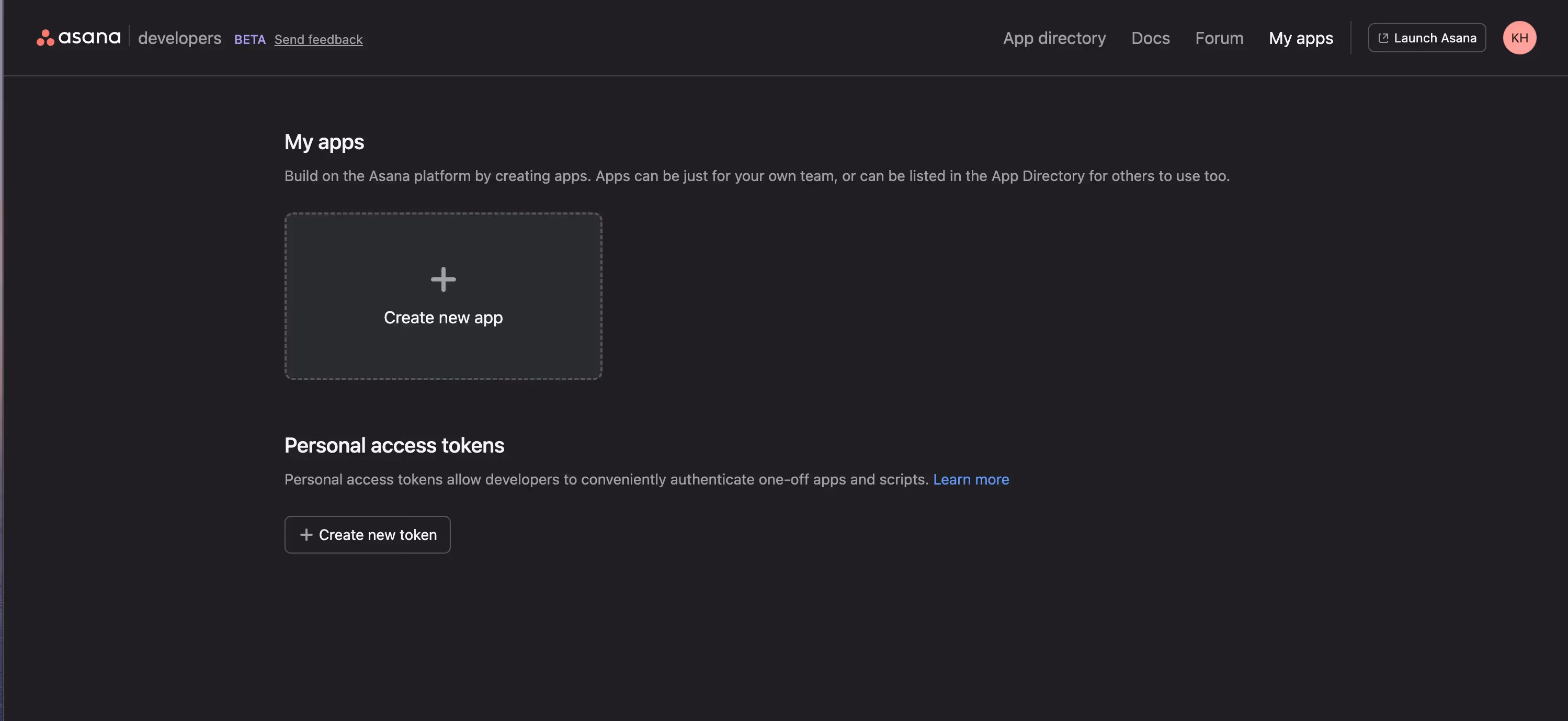 Asana developer console