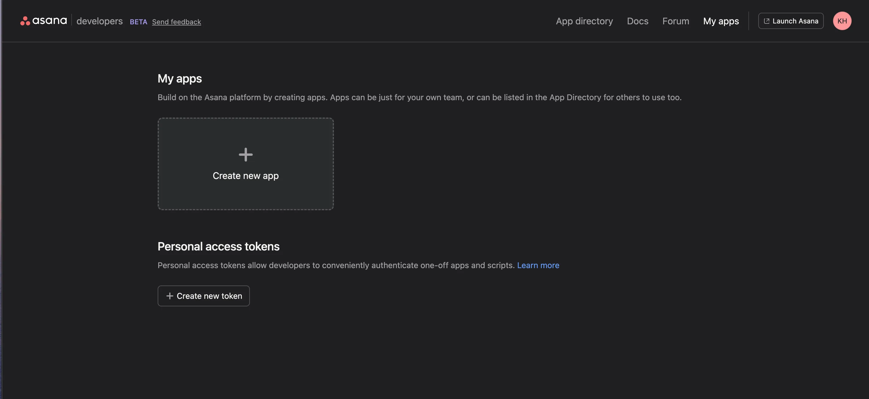 Asana developer console