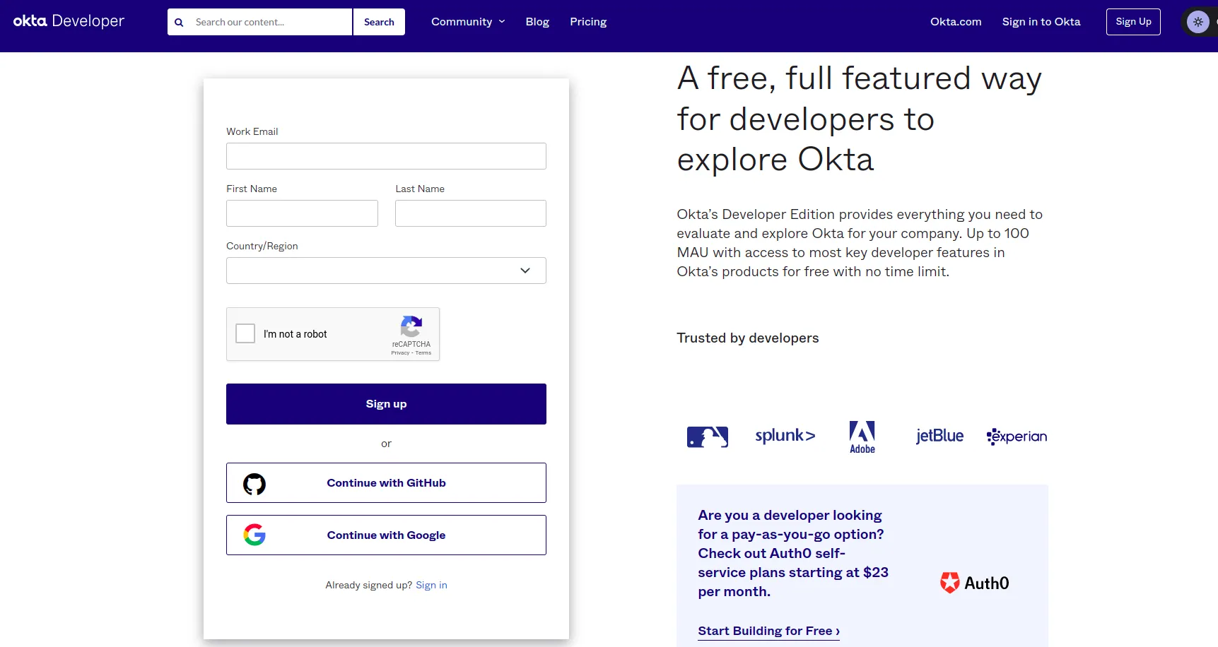 Sign up to Okta Developer account