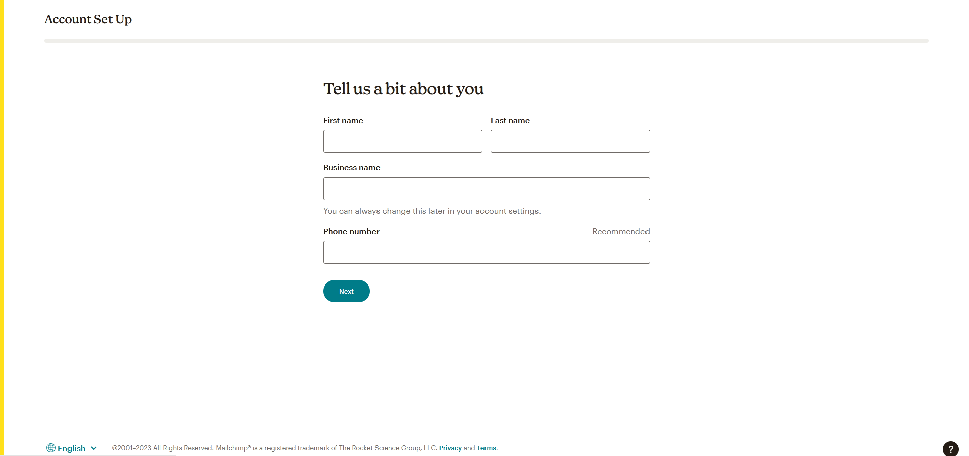 Mailchimp account setup page