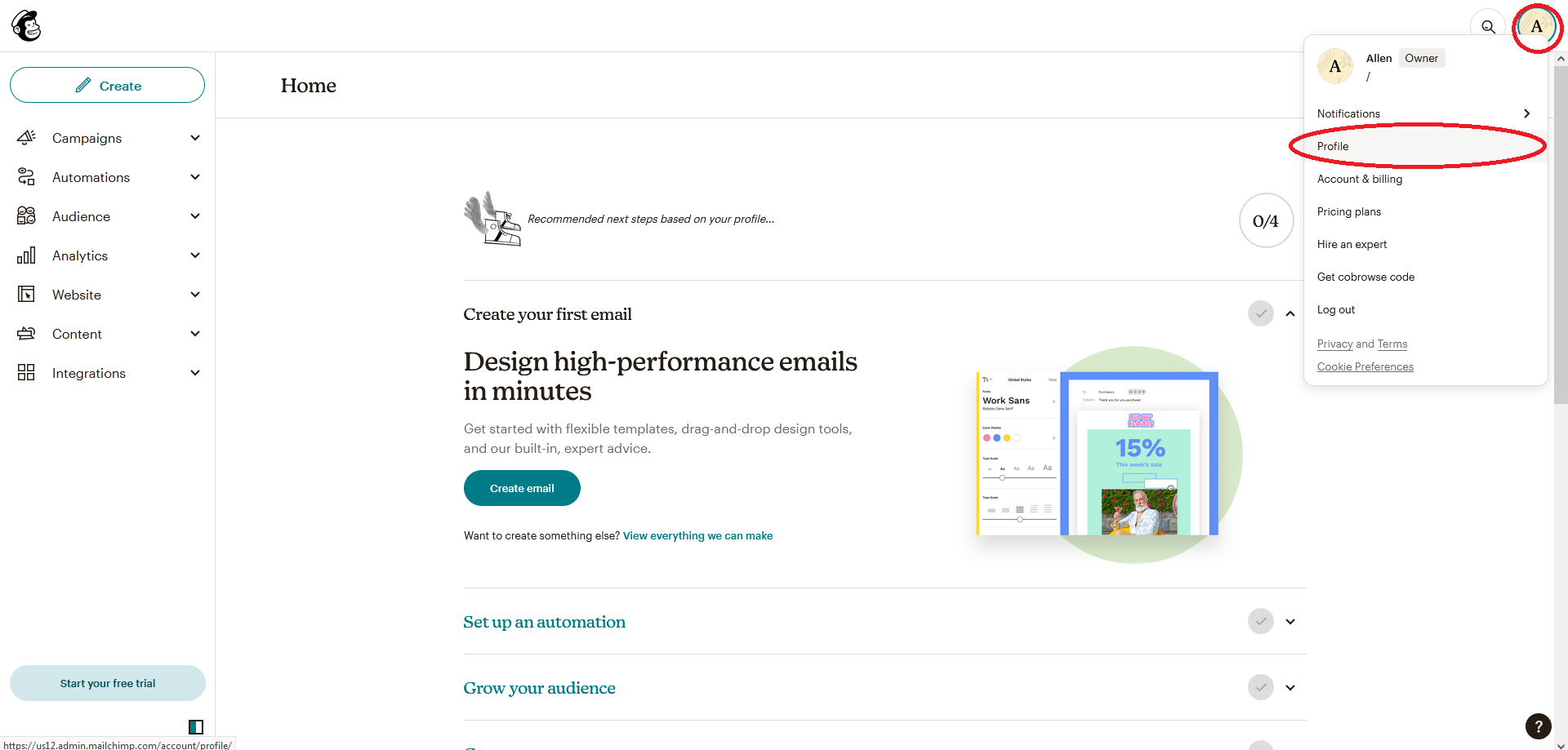 Mailchimp account dashboard