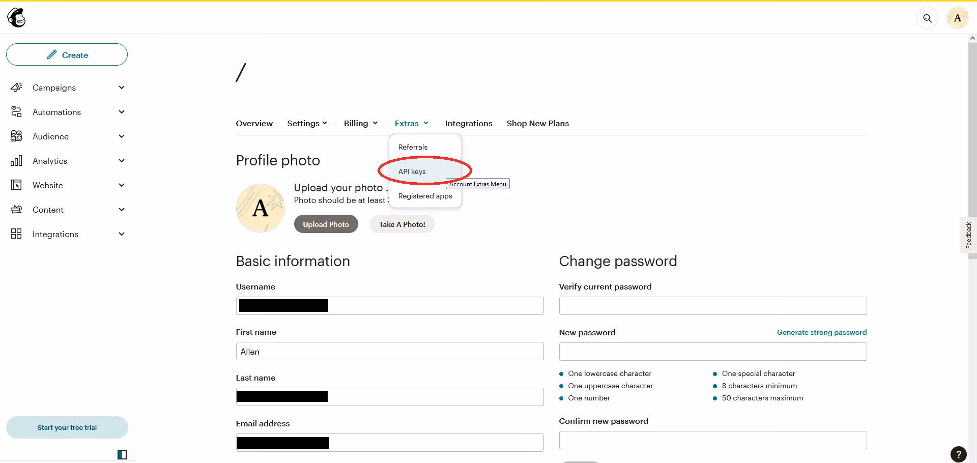 Mailchimp profile page
