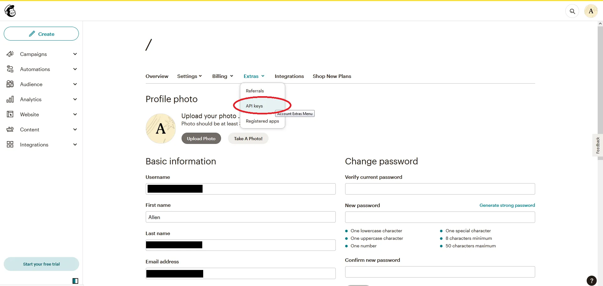 Mailchimp profile page