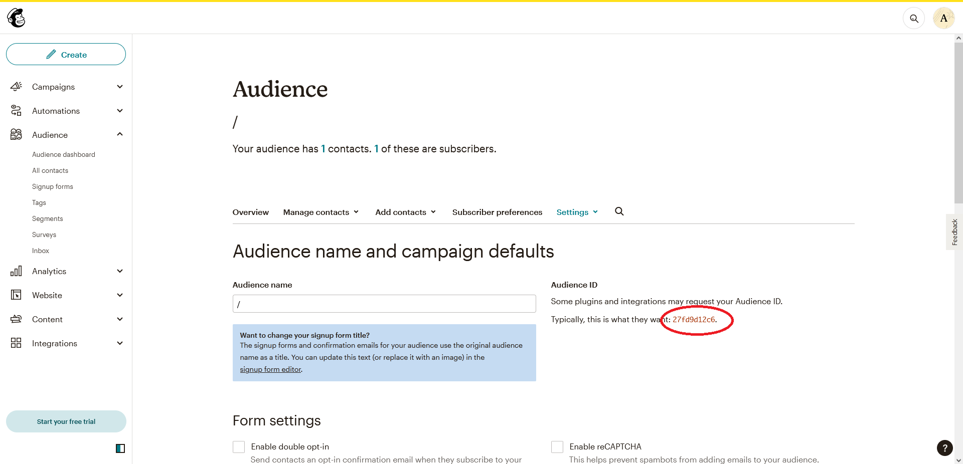 Mailchimp audience settings