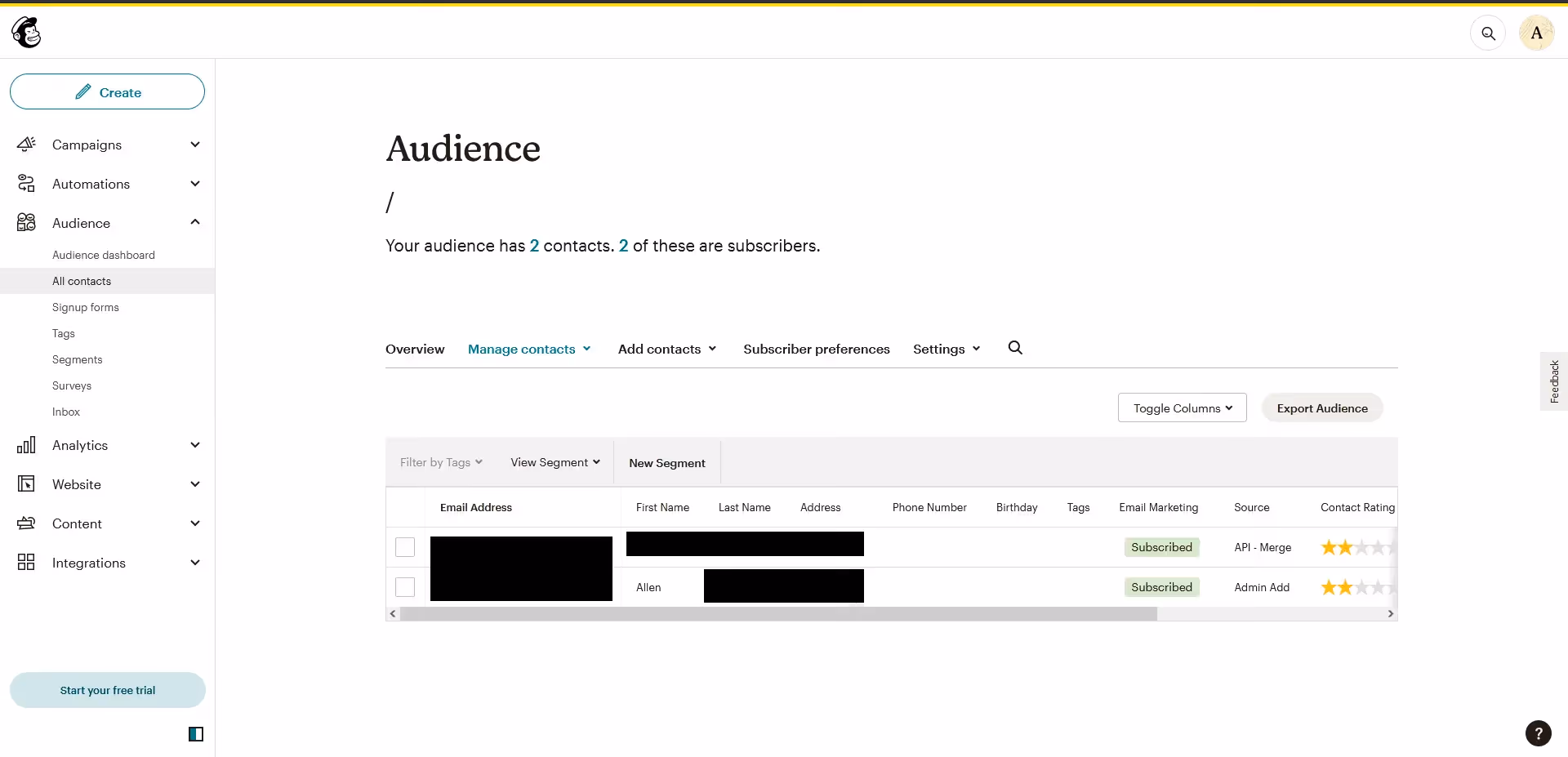 Audience section after adding a subscriber