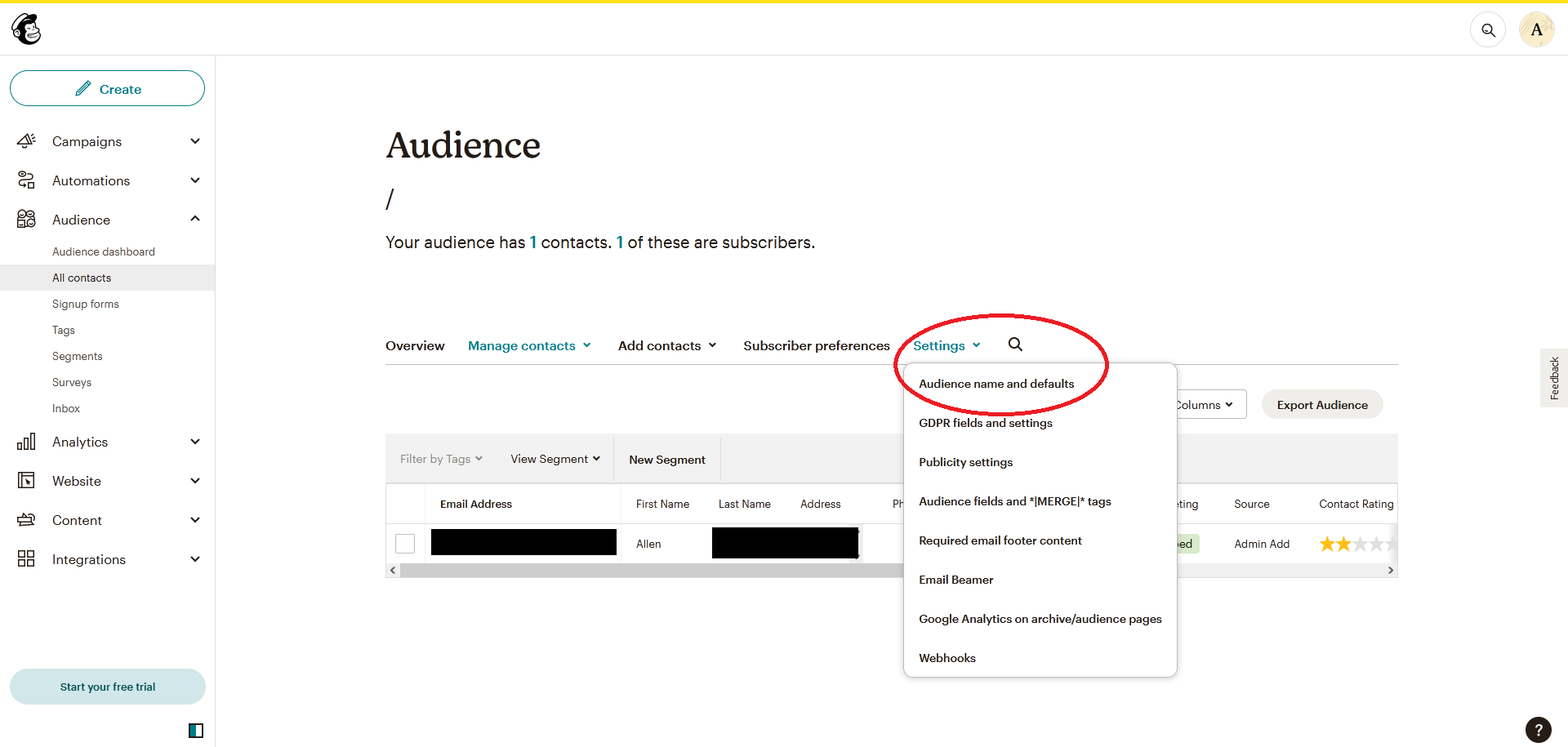 Mailchimp audience section