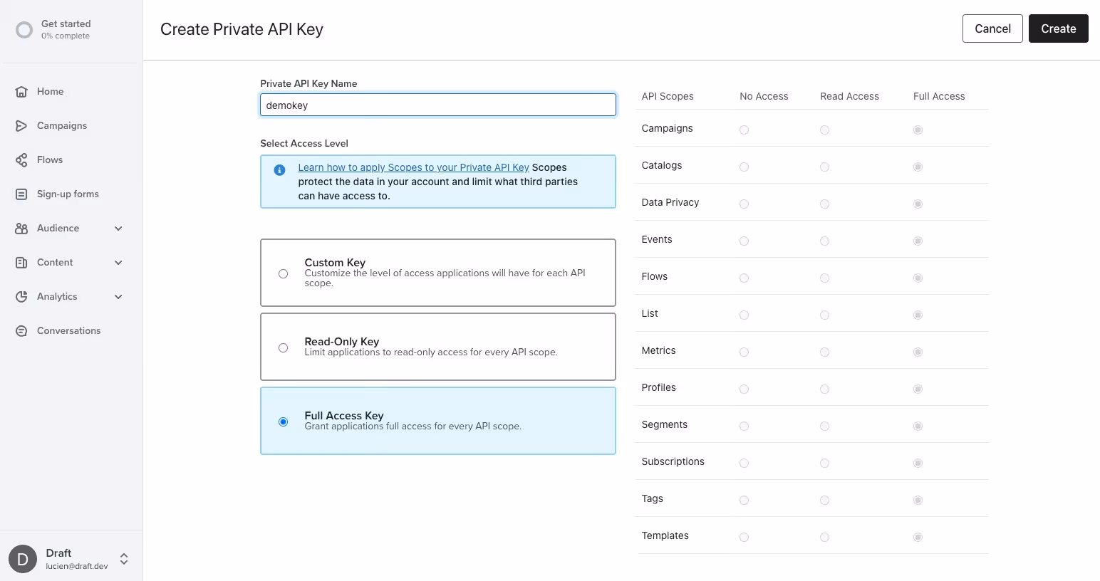 Create your Klaviyo key